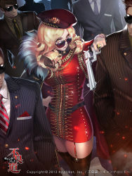 1girl 6+boys beret black_hair black_thighhighs blonde_hair bodyguard character_request feather_trim formal_clothes furyou_michi_~gang_road~ garter_straps gun handgun hat jewelry lips long_hair multiple_boys necktie official_art open_mouth revolver ring ruff shikitani_chisaki short_hair sparkle striped_necktie striped_neckwear suit sunglasses tattoo thighhighs ukero watermark weapon yellow_eyes