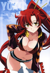 Rule 34 | 00s, belt, bikini, bikini top only, breasts, cleavage, gainax, hand on own hip, highres, hip focus, huge breasts, izumi mahiru, large breasts, long hair, official art, ponytail, red hair, scan, short shorts, shorts, smile, studded belt, swimsuit, tengen toppa gurren lagann, yellow eyes, yoko littner