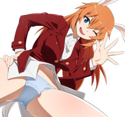Rule 34 | 1girl, blue eyes, breasts, charlotte e. yeager, crotch, hand on own hip, large breasts, long hair, looking at viewer, nanashino, navel, one eye closed, open mouth, orange hair, panties, rabbit ears, rabbit tail, simple background, smile, solo, strike witches, underwear, white background, white panties, wink, world witches series