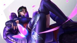 1girl black_hair breasts gloves highleg highleg_leotard highres hitomazuki large_breasts leotard long_hair looking_at_viewer marvel marvel_rivals psylocke psylocke_(vengeance) robot sash sentinel_(x-men) solo superhero_costume thighhighs x-men