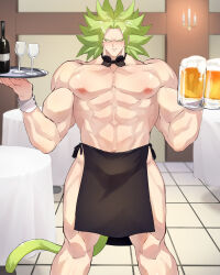 1boy absurdres alcohol apron beer beer_mug black_apron black_bow black_bowtie blush bow bowtie broly_(dragon_ball_z) carrying commentary_request cup dragon_ball dragonball_z drinking_glass facing_viewer frown green_hair green_tail highres legendary_super_saiyan looking_at_viewer male_focus moguro_(qianchul) mug muscular muscular_male naked_apron pointy_hair protected_link restaurant super_saiyan sweatdrop tail waiter white_wrist_cuffs wine wine_glass wrist_cuffs