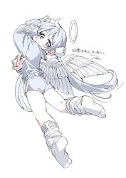1girl ass blue_eyes blue_hair blue_jacket blue_shorts double_v full_body halo highres jacket long_hair looking_at_viewer original shorts simple_background socks solo sora_(wolrero) translation_request v white_background white_halo white_socks white_wings wings wolrero