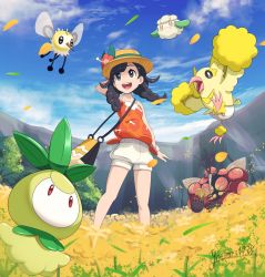 1girl :d black_eyes black_hair blue_sky braid buzzwole cloud cottonee creatures_(company) cutiefly day field flower flower_field game_freak gen_5_pokemon gen_7_pokemon gonzarez hat highres legendary_pokemon nature nintendo open_mouth oricorio outdoors petilil pokemon pokemon_(creature) pokemon_usum selene_(pokemon) selene_(pokemon_usum) shorts sky smile sun_hat tree twin_braids twitter_username ultra_beast z-ring