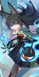 1girl animal_ear_fluff animal_ears aqua_jacket black_hair black_pantyhose black_skirt blunt_bangs esu_3101 eyeball fox_ears fox_girl highres holding holding_sword holding_weapon hoshimi_miyabi jacket katana open_clothes open_jacket open_mouth pantyhose red_eyes skirt sword tailless_(zenless_zone_zero) weapon zenless_zone_zero