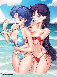 2girls beach bikini bishoujo_senshi_sailor_moon black_hair blue_eyes blue_hair blue_one-piece_swimsuit blue_slingshot_swimsuit breasts cleavage commentary earrings embarrassed english_commentary etchimune hino_rei jewelry large_breasts long_hair mizuno_ami multiple_girls navel one-piece_swimsuit one_eye_closed open_mouth purple_eyes red_bikini short_hair slingshot_swimsuit smile snowflake_print snowflakes star_(symbol) star_earrings stomach swimsuit tan tanline thighs very_long_hair water