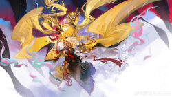 1girl absurdres antlers arknights bare_shoulders belt black_dress blonde_hair breasts cable coin detached_sleeves dress from_above full_body hair_ornament highres horns leizi_the_thunderbringer_(arknights) long_hair looking_to_the_side medium_breasts pointy_ears purple_eyes sleeveless sleeveless_dress solo tassel very_long_hair watermark weibo_watermark yezhusansansansan