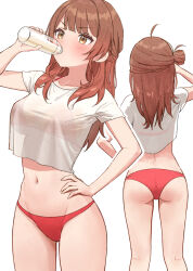 1girl ahoge ass bikini bikini_under_clothes blush bottle breasts brown_hair commentary_request crop_top crop_top_overhang drinking from_behind gakuen_idolmaster hair_bun halterneck hanami_ume hand_on_own_hip holding holding_bottle hoshinopurin idolmaster large_breasts midriff milk multiple_views navel no_pants red_bikini see-through_clothes see-through_shirt shirt single_side_bun stomach string_bikini swimsuit white_background white_shirt