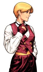 1girl adjusting_collar black_bow black_bowtie blonde_hair bow bowtie capcom_vs_snk_2 collared_shirt cuff_links dress_shirt earrings game_cg hand_in_pocket highres jewelry king_(snk) long_sleeves looking_to_the_side mori_toshiaki non-web_source official_art pants reverse_trap ryuuko_no_ken sash shirt short_hair smile snk solo vest white_shirt yellow_sash