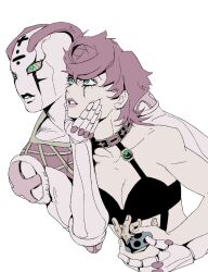 2girls breasts choker chongmu cleavage collarbone cropped_shoulders division_sign eyelashes green_eyes hand_on_another&#039;s_cheek hand_on_another&#039;s_face holding jojo_no_kimyou_na_bouken looking_ahead minus_sign multiple_girls plus_sign short_hair simple_background spice_girl_(stand) stand_(jojo) toned toned_female trish_una vento_aureo white_background