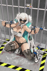 1girl absurdres alabama_(azur_lane) angry aronman azur_lane ball_gag bare_shoulders bars bikini bikini_under_clothes black_bikini black_shoes black_thighhighs blindfold blood blood_on_clothes blood_stain body_markings bound breasts chinese_commentary cleavage clenched_hands clothes_writing coat coat_on_shoulders collarbone commentary_request commission cuffs dark-skinned_female dark_skin detached_collar facial_mark full_body gag gagged hair_between_eyes handcuffs highleg highleg_bikini highres iron_bars large_breasts long_coat long_hair navel open_clothes open_coat open_mouth prison prison_cell restrained second-party_source shackles shadow shoes short_shorts shorts sidelocks skindentation sneakers solo squatting strapless sweat swimsuit teeth thighhighs tube_top twintails very_long_hair whisker_markings white_coat white_hair white_tube_top wiffle_gag
