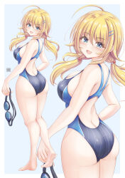 1girl absurdres ass back bare_legs barefoot blonde_hair blue_eyes blush breasts butt_crack cleavage competition_swimsuit full_body goggles hachimiya_meguru hair_between_eyes hair_ornament hairclip highleg highres holding holding_goggles idolmaster idolmaster_shiny_colors looking_at_viewer low_twintails medium_breasts one-piece_swimsuit open_mouth sideboob smile standing star_(symbol) star_hair_ornament swim_goggles swimsuit tong_shui twintails zoom_layer