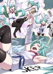 Rule 34 | 1girl, aoi takeru, aqua hair, bare shoulders, called by the grave, closed eyes, commission, dreaming, duel monster, effect veiler, highres, long hair, lying, on back, shirt, skeb commission, skirt, sleeping, solo focus, white shirt, white skirt, yu-gi-oh!