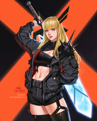 1girl artist_name black_background black_gloves black_jacket black_shorts blonde_hair blue_eyes fingerless_gloves gloves hand_in_pocket highres holding holding_sword holding_weapon huge_weapon in-hyuk_lee instagram_logo instagram_username jacket magik_(x-men) marvel marvel_snap midriff navel open_clothes open_jacket over_shoulder red_background short_shorts shorts signature solo sword two-tone_background weapon weapon_over_shoulder