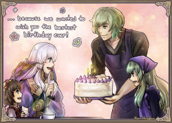 1boy 3girls artist_name birthday black_hair bow bracelet brown_hair male_byleth_(fire_emblem) cake carrying dress family father_and_daughter fire_emblem fire_emblem:_three_houses flower food fur_trim green_eyes green_hair hair_bow hair_ornament hairband hat holding husband_and_wife if_they_mated jewelry kari_avalon long_hair long_sleeves lysithea_von_ordelia mini_hat mother_and_daughter multiple_girls nintendo pink_eyes purple_dress red_dress shawl short_hair siblings sisters smile white_hair wide_sleeves