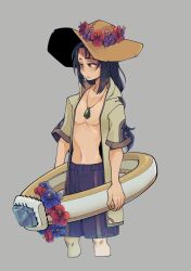 Rule 34 | 1boy, absurdres, alternate costume, black hair, charmwitch, facial mark, fire emblem, fire emblem: radiant dawn, forehead mark, hat, highres, innertube, jewelry, necklace, nintendo, red eyes, shorts, solo, soren (fire emblem), sun hat, swim ring, unbuttoned, unbuttoned shirt