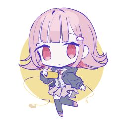 1girl a_sa_gohan black_shirt black_thighhighs brown_skirt collared_shirt danganronpa_(series) danganronpa_2:_goodbye_despair dress_shirt flipped_hair galaga grey_shirt hair_ornament handheld_game_console highres holding holding_handheld_game_console long_sleeves medium_hair miniskirt nanami_chiaki orange_background pleated_skirt puffy_long_sleeves puffy_sleeves red_eyes shirt shoes skirt solo thighhighs white_background