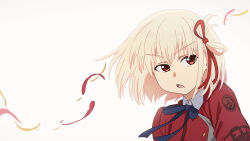 Rule 34 | 1girl, asada7101, blonde hair, blue ribbon, collared shirt, grey background, highres, jacket, leaning forward, looking to the side, lycoris recoil, lycoris uniform, nishikigi chisato, open mouth, petals, red eyes, red jacket, red ribbon, ribbon, shirt, short hair, side ponytail, solo, thumbnail collage, vignetting