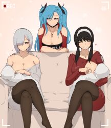 Rule 34 | 1futa, 4girls, after vaginal, aftersex, akeno(itsnafulol), baby, baby carry, black eyes, black hair, blue hair, blush, breast sucking, breastfeeding, carrying, choker, clothing cutout, couch, crop top, dialogue box, fiona frost, futa with female, futanari, grey hair, hair ornament, hair ribbon, heart cutout, highres, louisesait, medium hair, mother and daughter, multiple girls, netorare, one breast out, pantyhose, purple eyes, recording, red sweater, ribbon, sitting, smile, spy x family, sweater, twintails, yor briar