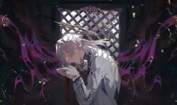 1boy absurdres artist_name blood blood_on_face blood_on_hands bloody_tears blue_pupils coat cupping_hands expressionless from_side gloves hands_up highres honkai:_star_rail honkai_(series) long_sleeves looking_down male_focus medium_hair musical_note own_hands_together pogogu profile solo sunday_(honkai:_star_rail) upper_body white_coat white_gloves white_hair yellow_eyes