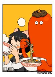 1girl akai_sashimi animal_ears arm_up arms_up black_hair blush_stickers border bowl cat_ears chopsticks closed_eyes covered_mouth drinking eating egg egg_(food) expressionless facing_viewer fingernails food from_side hand_up hardboiled_egg high_collar holding holding_bowl holding_chopsticks horns looking_at_viewer meandros meat monster no_nose noodles oni original parted_bangs ramen salt_shaker short_hair signature simple_background single_horn soup steam white_border yellow_background