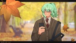 1boy autumn bag blue_eyes blurry blurry_background brown_coat coat collared_shirt cove_holden falling_leaves glasses green_hair high_ponytail highres holding holding_phone leaf letterboxed looking_at_viewer male_focus maple_leaf necktie our_life:_now_and_forever outside_border phone ponytail promotional_art red_necktie shirt shoulder_bag sidelocks smile solo sparkling_eyes upper_body whilo_art white_shirt