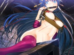 1girl alice_soft arms_behind_back bdsm blue_eyes blue_hair bondage bound breast_press breast_press_(device) breasts chain drooling electrostimulation female_focus gag gagged game_cg hair_ornament indoors lia_parapara_leazas long_hair matching_hair/eyes navel nipple_clamps nipples nude purple_thighhighs rance_(series) saliva sitting solo tears thighhighs whip_marks wooden_horse