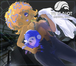 1girl absurdres black_panties black_pants black_suspenders breasts commission cowboy_shot dark dutch_angle from_below hair_over_one_eye hand_on_own_hip hideyoshi_(swliyhbpe9xqqze) highres holding holding_shirt holding_stuffed_toy holding_unworn_clothes indoors large_areolae looking_at_viewer medium_breasts nintendo nipples no_bra open_mouth orange_hair panties pants patterned_hair pixiv_commission purple_eyes shirt shiver_(splatoon) smile solo splatoon_(series) splatoon_3 stairs stuffed_toy tao_blu_(splatoon) underwear unworn_shirt white_shirt