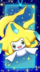 Rule 34 | 1other, blue border, blue eyes, border, colored skin, full body, gen 3 pokemon, happy, jirachi, legendary pokemon, looking at viewer, monya, mythical pokemon, nintendo, open mouth, other focus, outside border, pokemon, pokemon (creature), smile, solo, sparkle, star (symbol), straight-on, tanabata, tanzaku, white skin