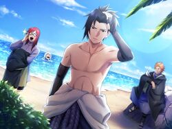 adjusting_eyewear animal_on_arm beach bird bird_on_arm black-framed_eyewear black_eyes black_hair blush cloak fingerless_gloves furrowed_brow glasses gloves hand_through_hair happy holding holding_unworn_clothes hoozuki_suigetsu juugo_(naruto) karin_(naruto) looking_at_viewer multiple_boys muscular muscular_male naruto_(series) naruto_shippuuden official_art on_rock orange_eyes orange_hair purple_shirt red_hair rock rope_belt shirt shirt_down short_shorts shorts sitting sparkle spiked_hair swimming uchiha_sasuke water white_hair