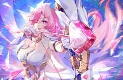 1girl absurdres arrow_(projectile) bow_(weapon) diamond-shaped_pupils diamond_(shape) elysia_(herrscher_of_human:_ego)_(honkai_impact) elysia_(honkai_impact) gloves highres holding holding_arrow holding_bow_(weapon) holding_weapon honkai_(series) honkai_impact_3rd jingxinzhiyun long_hair one_eye_closed open_mouth pink_eyes pink_hair smile solo symbol-shaped_pupils teeth upper_body upper_teeth_only veil weapon white_gloves white_veil