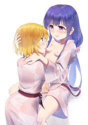 absurdres aged_up blonde_hair blue_hair dconan_owo drooling furude_rika highres higurashi_no_naku_koro_ni higurashi_no_naku_koro_ni_mei hime_cut houjou_satoko japanese_clothes kimono licking licking_nipple long_hair long_sleeves nipple_stimulation open_clothes open_kimono purple_eyes pussy_juice red_eyes saliva short_hair very_long_hair yuri
