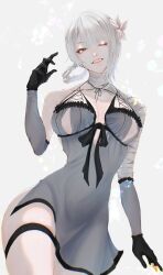 1girl asymmetrical_bangs bandaged_arm bandaged_neck bandages black_gloves blue_dress blunt_bangs braid braided_hair_rings breasts commentary dress eyelashes flower gloves gohanndaisukias hair_flower hair_ornament hair_rings highres kaine_(nier) large_breasts lingerie looking_at_viewer medium_hair negligee nier nier_(series) one_eye_closed parted_bangs pink_lips simple_background smile solo standing teeth underwear white_background white_flower yellow_eyes