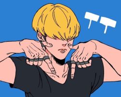 Rule 34 | 1boy, akiyukke 0120, arms up, black hair, black shirt, blonde hair, blue background, closed mouth, ear piercing, hong jae-yeol, jewelry, k-pop, lookism, male focus, medium hair, multicolored hair, piercing, ring, shirt, simple background, tt (twice), twice (group), two-tone hair