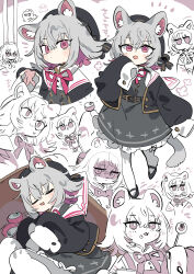 1girl :3 angry animal_ear_fluff animal_ears beret black_dress black_hat black_jacket black_shoes blush blush_stickers cat_ears cat_girl cat_tail chibi closed_mouth cropped_jacket dress eyebrows_hidden_by_hair flat_chest food food_on_face from_side full_body grey_hair hat holding holding_spoon jacket karei looking_at_viewer medium_hair open_mouth original purple_eyes shoes simple_background sleeping sleeves_past_fingers sleeves_past_wrists smile solid_eyes spoon tail thighhighs wavy_eyes white_background white_thighhighs