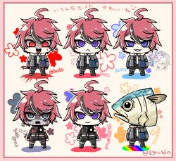 Rule 34 | 1boy, ahoge, aotsuki eito, armband, belt, belt pouch, black jacket, black pants, blood, blood from mouth, blood on clothes, blood on face, blood on hands, bloodshot eyes, border, chibi, drawstring, fish head, full body, grey jacket, highres, holding, holding knife, hole in chest, hole on body, hood, hoodie, jacket, knife, last defense academy school uniform, looking at viewer, male focus, multicolored hair, multiple views, pants, pattynadi, pouch, red border, red hair, school uniform, short hair, single tear, smile, spoilers, streaked hair, sumino takumi, teeth, the hundred line -last defense academy-, thigh strap, translated, white armband, white belt, white hoodie, zombie