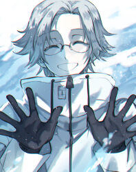 1boy aotsuki_eito black_gloves closed_eyes eyebrows eyelashes glasses gloves hands_up male_focus open_mouth parted_lips smile solo solo_focus teeth the_hundred_line_-last_defense_academy- upper_body white_background white_hair zipper zipper_pull_tab
