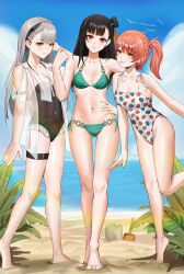 3girls absurdres ak-alfa_(girls&#039;_frontline) anoreika_tomoe bare_shoulders barefoot beach bikini black_hair black_one-piece_swimsuit breasts brown_hair closed_mouth commentary day full_body girls&#039;_frontline girls&#039;_frontline_2:_exilium green_bikini grey_hair hair_bobbles hair_ornament hand_on_own_hip highleg highleg_one-piece_swimsuit highres long_hair looking_at_viewer medium_breasts mp7_(girls&#039;_frontline) multiple_girls ocean one-piece_swimsuit orange_eyes outdoors qbz-191_(girls&#039;_frontline) red_hair short_hair side_ponytail smile standing swimsuit thigh_strap tololo_(celestial_river_at_dusk)_(girls&#039;_frontline_2) tololo_(girls&#039;_frontline_2) white_one-piece_swimsuit yellow_eyes