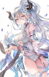 1girl :o blue_hair blush breasts cowboy_shot crystal draph female_focus flower granblue_fantasy hair_ornament highres horns izmir izmir_(summer)_(granblue_fantasy) large_breasts long_hair looking_at_viewer momoko_(momopoco) navel pale_skin pointy_ears ponytail red_eyes solo thigh_strap thighs underboob