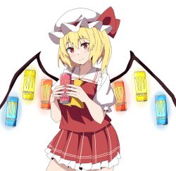 1girl ascot blonde_hair blush can closed_mouth collared_shirt commentary_request drink_can flandre_scarlet frilled_shirt_collar frilled_skirt frills hat hat_ribbon highres looking_at_viewer mob_cap monster_energy one_side_up puffy_short_sleeves puffy_sleeves red_eyes red_skirt red_vest ribbon shirt short_sleeves simple_background skirt skirt_set smile solo touhou to~fuya vest white_background white_hat wings yellow_ascot