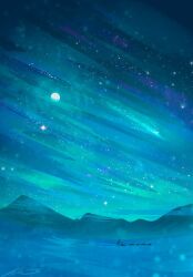 Rule 34 | 1other, artist name, aurora, blue theme, dog sled, landscape, moon, mountainous horizon, original, outdoors, painterly, scenery, signature, size difference, snow, snowing, zandra