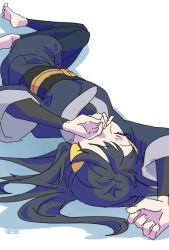 Rule 34 | 1girl, akari (pokemon), arm up, barefoot, black hair, black leggings, black sash, closed eyes, commentary request, hair ornament, hairclip, hand up, highres, jacket, leggings, long hair, lying, nintendo, on back, pokemon, pokemon legends: arceus, sasami 642, sash, shirt, skirt, sleeping, solo, toes