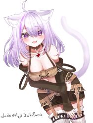 Rule 34 | 1girl, :3, ahoge, animal ear fluff, animal ears, artist name, belt, bent over, bra, breasts, brown belt, brown bra, brown collar, brown garter straps, brown shirt, brown sleeves, cat ears, cat girl, cat tail, check clothing, cleavage, clothing request, collar, commentary request, cosplay, cowboy shot, crossed bangs, double-parted bangs, dutch angle, fangs, fiora (xenoblade), fiora (xenoblade) (cosplay), garter straps, highres, hololive, large breasts, light blush, looking at viewer, medium hair, miniskirt, multiple belts, nekomata okayu, open mouth, purple eyes, purple hair, shirt, skirt, smile, sparkling eyes, tail, thighhighs, uji10ukifune, underwear, virtual youtuber, white thighhighs, xenoblade chronicles (series), xenoblade chronicles 1, zettai ryouiki