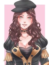 1girl black_hat breasts brown_hair choker cleavage dorothea_arnault female_focus fire_emblem fire_emblem:_three_houses green_eyes hat highres long_hair nintendo parted_lips pink_background simple_background solo upper_body yumikari07