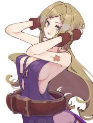 Rule 34 | 1girl, arm tattoo, armpits, arms behind head, blonde hair, breasts, dress, fatal fury, green eyes, highres, b. jenet, long hair, looking at viewer, ooiwa (irc14786149), purple dress, smile, solo, tattoo, the king of fighters, the king of fighters xv, white background