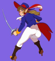 Rule 34 | 1boy, absurdres, ascot, blue background, blue eyes, blue headwear, blue jacket, blue vest, blush, boots, brown hair, cavalier hat, combos &amp; doodles, cosplay, crossdressing, crossdressing (mtf), earrings, feathers, fencing, flower, gem, hairband, hat, hat feather, hat flower, hat ornament, hat ribbon, high heel boots, high heels, highres, holding, holding sword, holding weapon, jacket, jewelry, link, long hair, male focus, mario (series), nintendo, pants, pointy ears, ponytail, princess peach, princess peach: showtime!, princess peach (cosplay), purple background, rapier, red feathers, red flower, red gemstone, red hairband, ribbon, sleeve cuffs, solo, sword, swordfighter peach, the legend of zelda, the legend of zelda: breath of the wild, tight clothes, tight pants, two-sided fabric, two-sided jacket, vest, waistcoat, weapon, white ascot, white pants