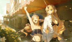 2girls absurdres alternate_costume arm_up armpits bare_shoulders bikini bikini_top_only black_bikini blonde_hair blue_eyes cartethyia_(wuthering_waves) closed_eyes closed_mouth collarbone collared_shirt commentary dual_persona dudrinm earrings fleurdelys_(wuthering_waves) floating_earrings highres horns jewelry long_hair looking_at_viewer multiple_girls navel open_clothes open_mouth open_shirt outdoors pointy_ears shirt sidelocks single_horn smile stomach swimsuit tacet_mark_(wuthering_waves) very_long_hair white_shirt wuthering_waves yellow_horns
