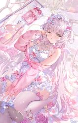 1girl absurdres ahoge animal_ears armpit_crease bandaid bandaid_hair_ornament breasts cardigan chair chandelier choppy_bangs comb commission compact_(cosmetics) cosmetics cropped_cardigan detached_wings dress eyelashes flower frilled_dress frilled_hairband frilled_thighhighs frills gaming_chair grey_eyes hair_ornament hairband heart heart_ahoge highres indie_virtual_youtuber indoors intravenous_drip isari_sensei iv_stand light_blush long_hair mini_wings parted_lips picture_frame pink_cardigan pink_flower pink_hair pink_rose purin_(pwurin_) rose rubbing_eyes sitting sleeves_past_wrists small_breasts solo spaghetti_strap stuffed_toy swivel_chair thighhighs very_long_hair virtual_youtuber white_dress white_thighhighs wing_hair_ornament wings