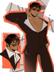1boy absurdres bara black_hair black_jacket black_straps cigarette collage collared_shirt cropped_shoulders cross_punisher dark-skinned_male dark_skin feet_out_of_frame highres jacket large_cross large_pectorals long_sleeves looking_over_eyewear male_focus mature_male muscular muscular_male nicholas_d._wolfwood one_eye_closed pants pectoral_cleavage pectorals plateforrat seductive_smile shirt short_hair simple_background smile sparse_chest_hair sparse_stubble standing sunglasses trigun trigun_stampede wink_heart