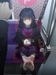 1girl 1other aged_down alternate_costume bag bandaged_leg bandages bandaid bandaid_on_face bandaid_on_leg black_hair black_jacket black_sleeves black_socks brown_bag bruise bruise_on_leg candy cellphone commentary cropped_legs dress food gloves hai000_0 heart highres injury jacket limbus_company lollipop long_hair looking_at_phone looking_down phone pleated_skirt project_moon purple_dress purple_shirt red_eyes red_ribbon red_serafuku ribbon ryoshu_(project_moon) scabbard school_bag school_uniform serafuku sheath shirt single_glove sitting skirt smartphone socks text_messaging train_interior