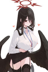 Rule 34 | 1girl, black garter straps, black hair, black skirt, black thighhighs, black wings, blue archive, blush, breasts, button gap, cleavage, closed mouth, commentary request, cowboy shot, eyes visible through hair, feathered wings, fieryonion, garter straps, hair between eyes, hair over one eye, halo, hasumi (blue archive), highres, large breasts, long hair, long hair between eyes, looking at viewer, low wings, miniskirt, office lady, oversized wings, pencil skirt, red eyes, red halo, shirt, simple background, skirt, smile, solo, thighhighs, very long hair, white background, white shirt, wings